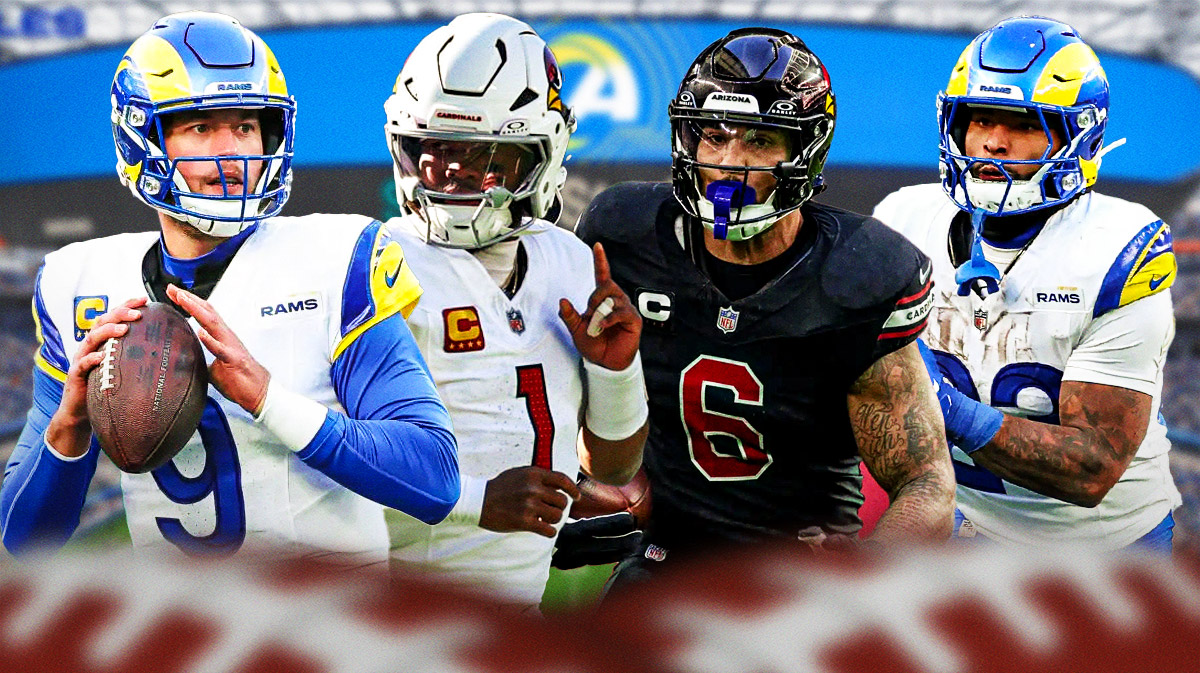 Matthew Stafford, Kyler Murray, James Conner and Kyren Williams in front of the Rams Stadium