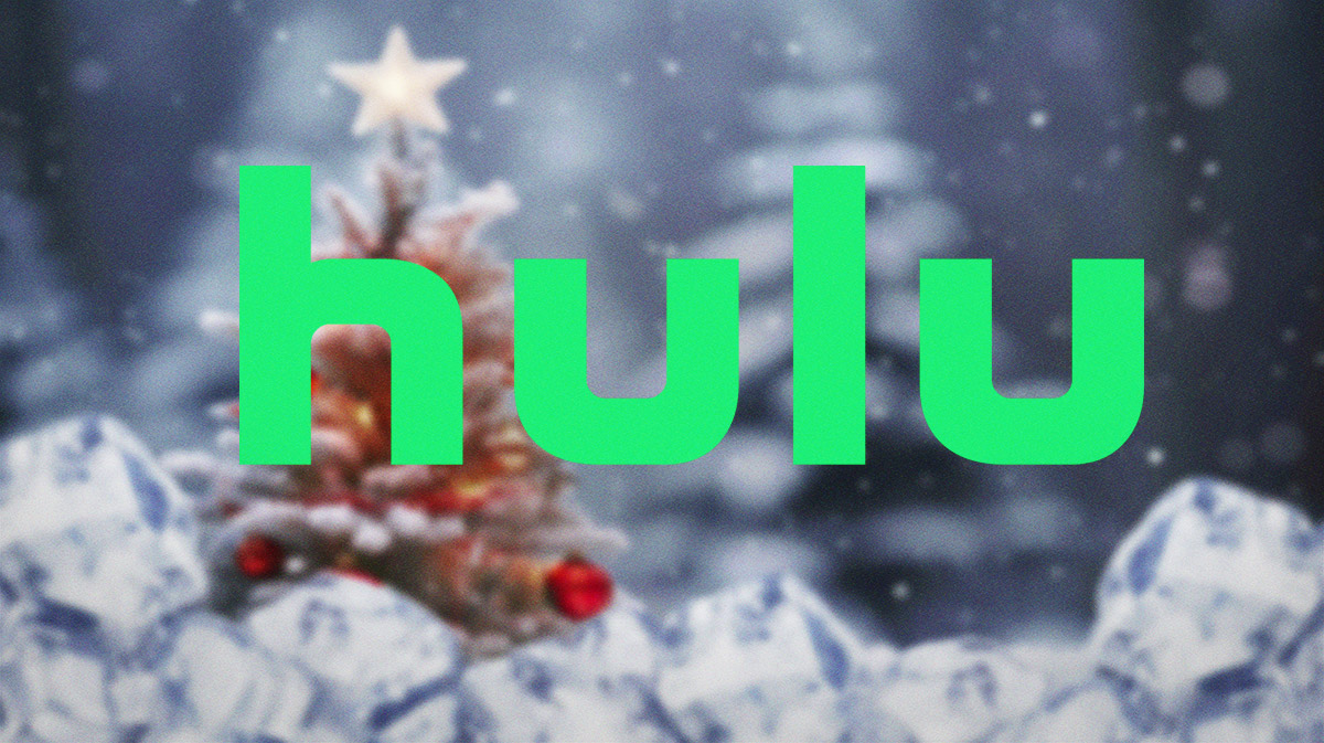 Hulu logo with Christmas tree background.