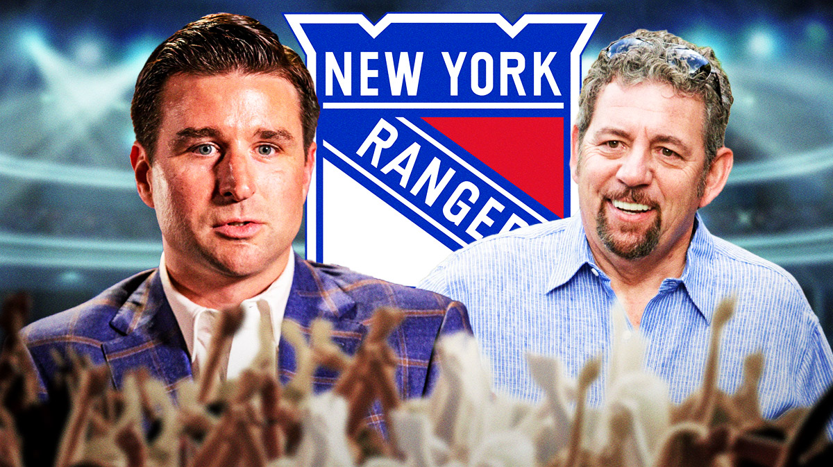Chris Drury and James Dolan. Rangers logo behind them