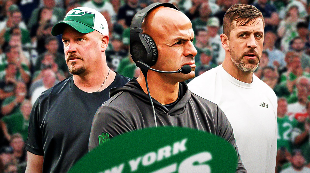 New York Jets offensive coordinator Nathaniel Hackett, former Jets head coach Robert Saleh, and Jets quarterback Aaron Rodgers