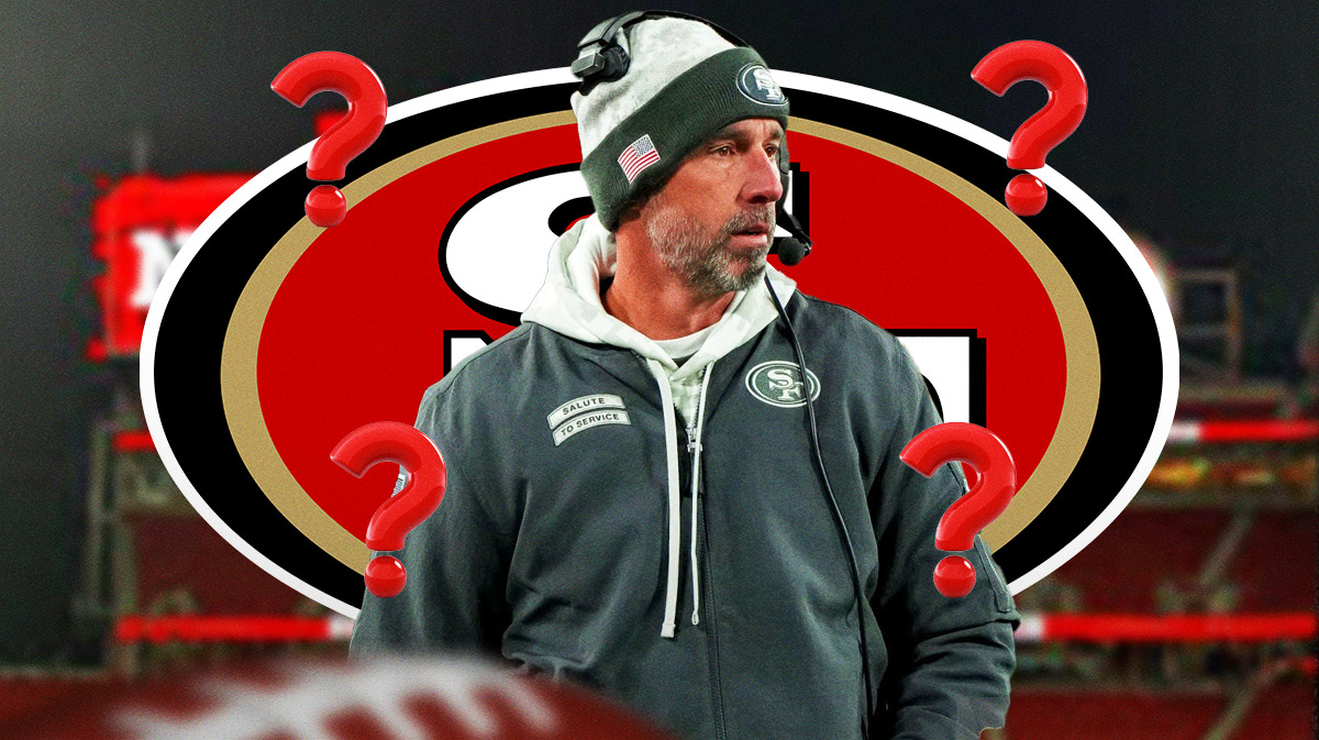 San Francisco 49ers head coach Kyle Shanahan surrounded by question mark emojis. There is also a logo for the San Francisco 49ers.