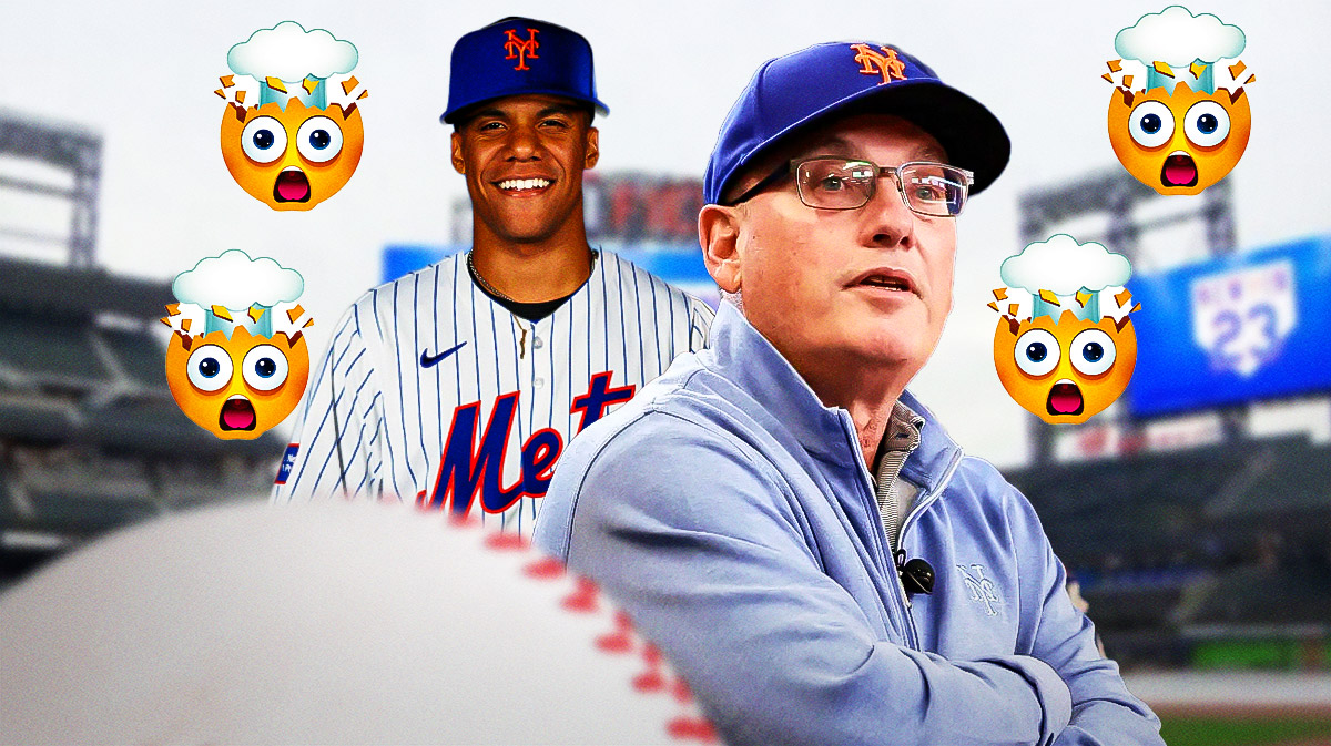 Mets owner Steve Cohen with the mind-blown emoji all around him, and Juan Soto standing next to him in a Mets jersey