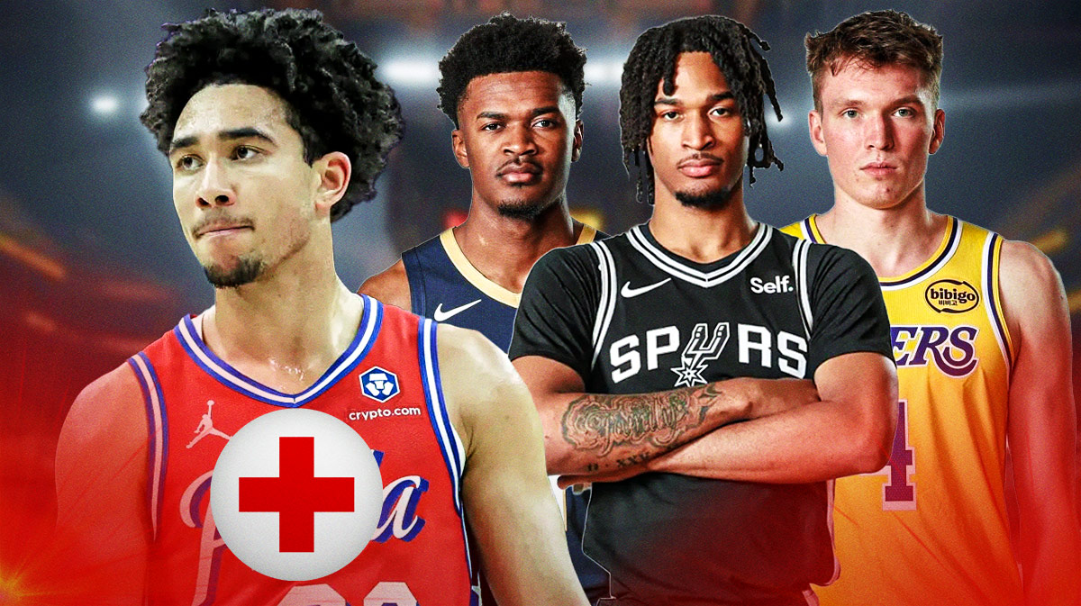 76ers' Jared McCain with a red/white injury sign over him with Spurs Stephon Castle, Pelicans Yves Missi, and Lakers Dalton Knecht together as the main part of the image