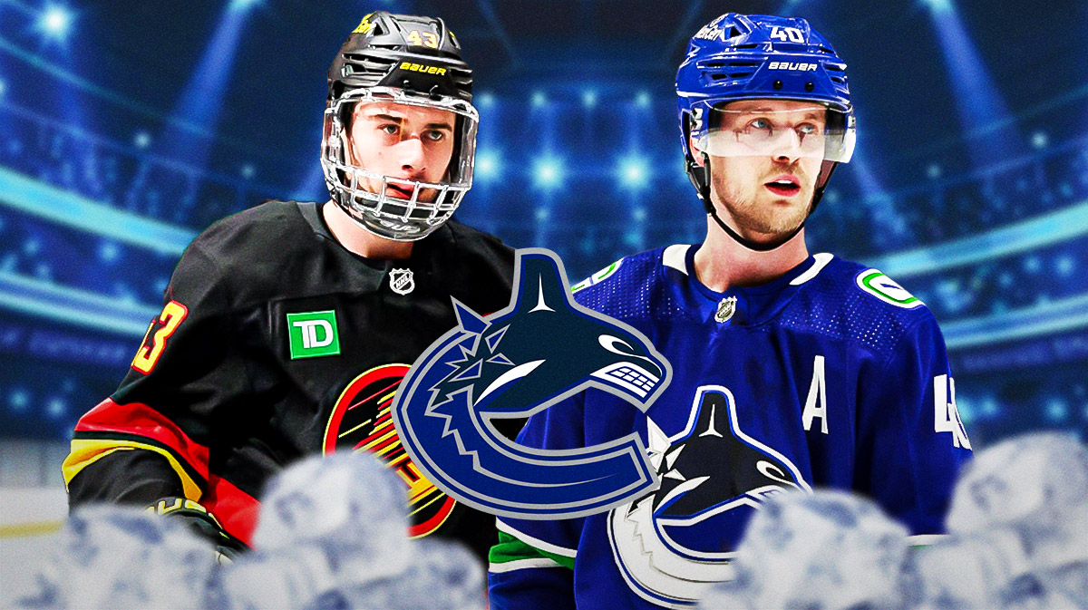 Quinn Hughes and Elias Pettersson looking stern, Vancouver Canucks logo in middle, hockey rink in background