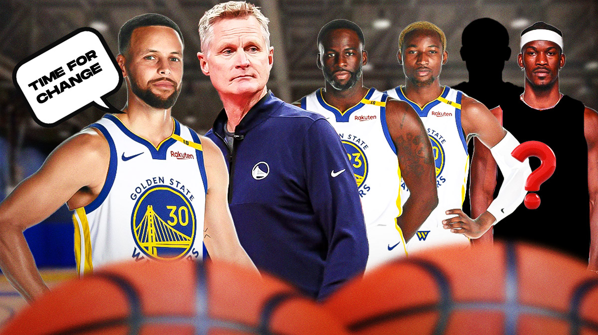 Warriors' Stephen Curry saying "Time for change" next to Steve Kerr, Draymond Green, Jonathan Kuminga and Jimmy Butler