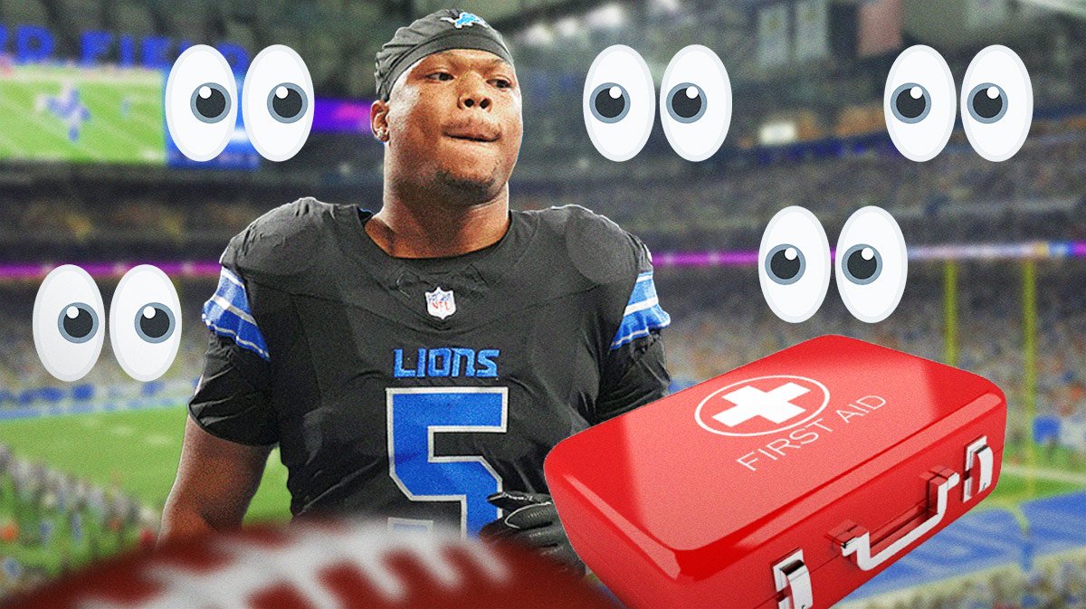 David Montgomery with an injury kit in front of him and a bunch of the big eyes emojis in the background
