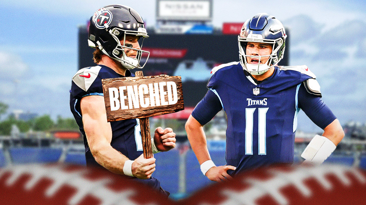 Will Levis holding a BENCHED sign and then Mason Rudolph next to him