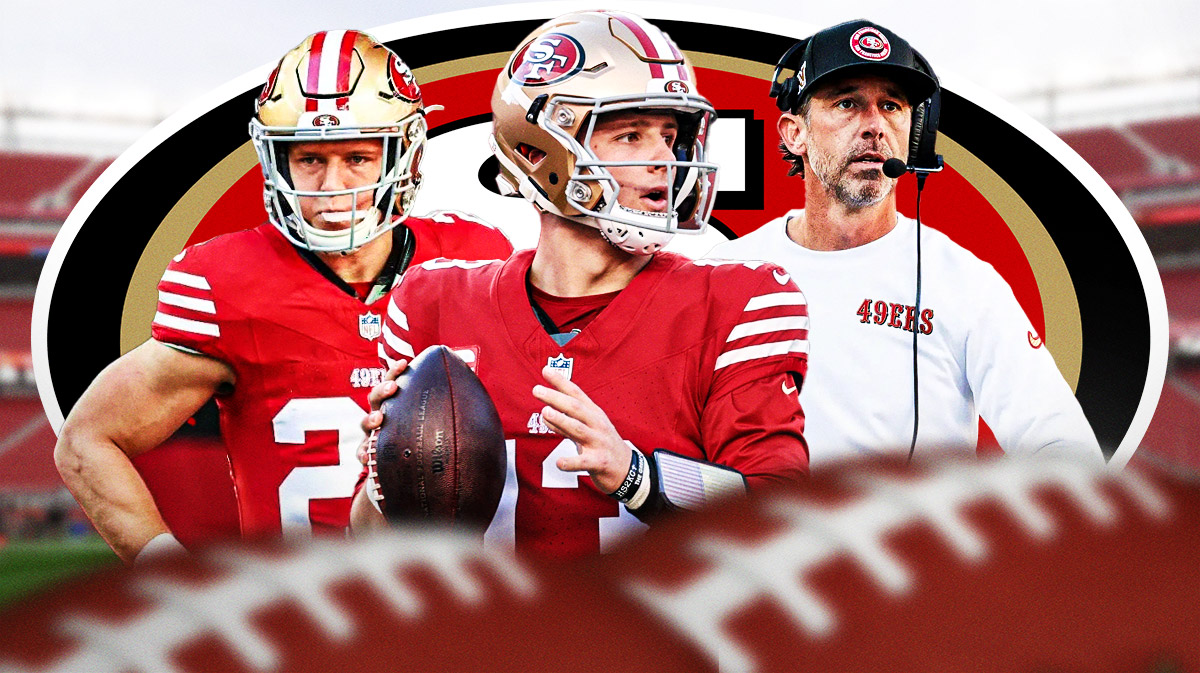 Brock Purdy, Christian McCaffrey, and Kyle Shanahan in front of the 49ers stadium.