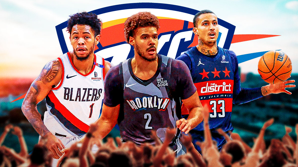 After losing to the Bucks, Nets forward Cameron Johnson between Trail Blazers guard Anfernee Simons and Wizards guard Kyle Kuzma with the Thunder logo and the Oklahoma City skyline in the background