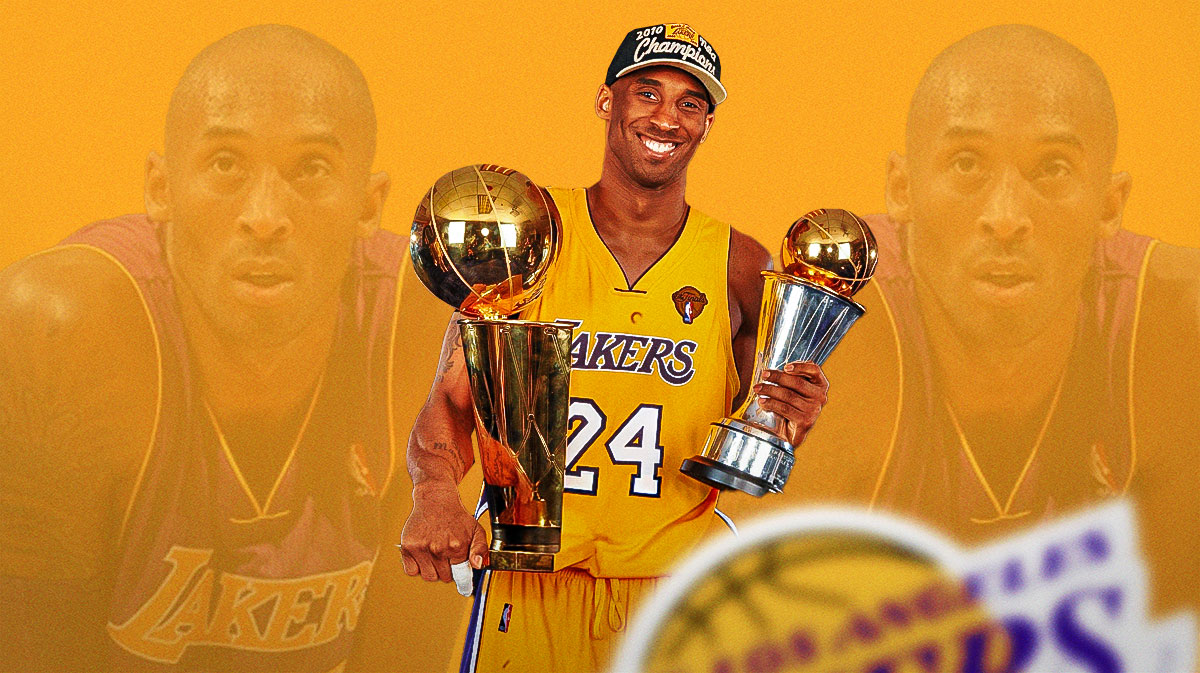 Kobe Bryant with an NBA championship trophy and an NBA Finals MVP trophy.