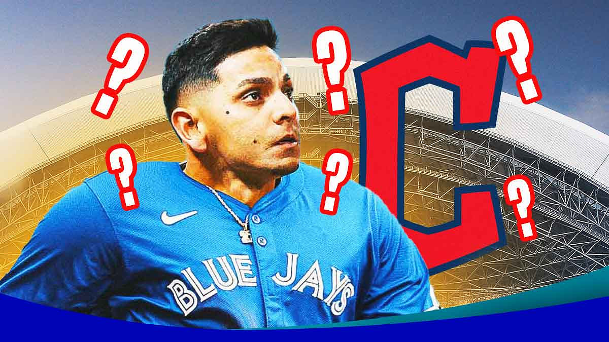 Andres Gimenez in a Blue Jays jersey with a Guardians logo in the background with question marks