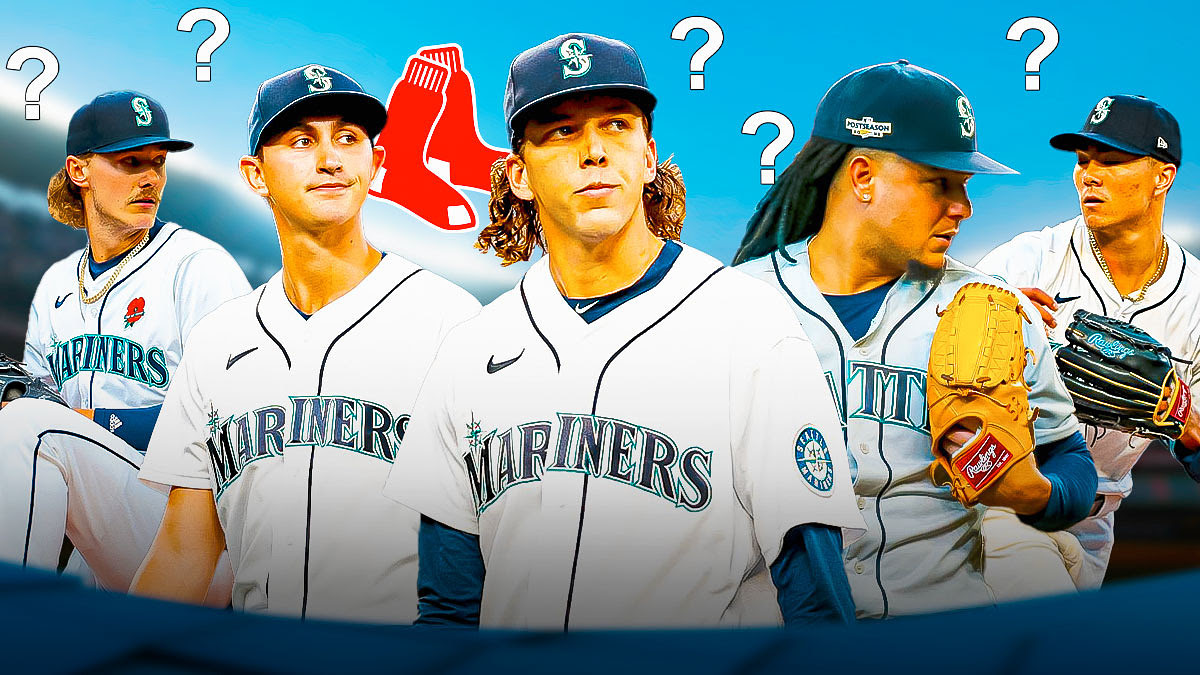 Logan Gilbert, George Kirby, Luis Castillo, Bryan Woo and Bryce Miller in front of a Red Sox logo with question marks