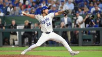 Kansas City Royals pitcher Michael Lorenzen (24) pitches in the ninth inning against the New York Yankees during game three of the NLDS for the 2024 MLB Playoffs at Kauffman Stadium.