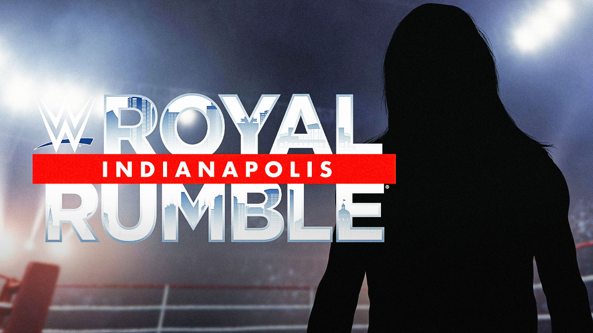 The blacked-out silhouette of Dolph Ziggler in front of the 2025 Royal Rumble logo