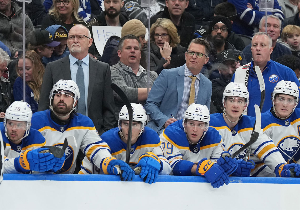 Buffalo Sabres head coach Lindy Ruff watches the play against theagainst the Toronto Maple Leafs during the third period at Scotiabank Arena.
