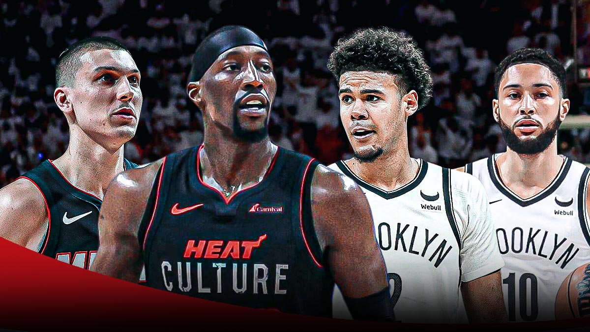 Miami Heat stars Tyler Herro and Bam Adebayo looking at Ben Simmons and Cam Johnson in front of Kaseya Center.