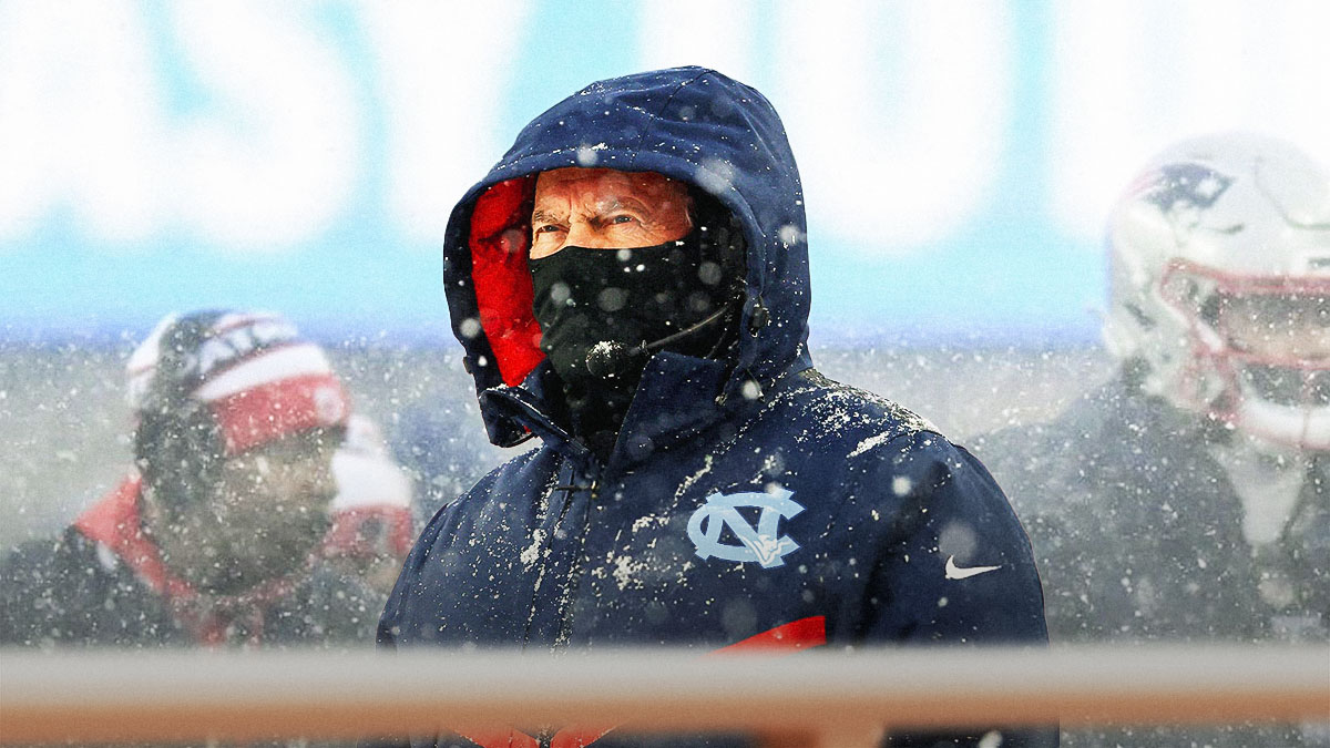 Bill Belichick in a North Carolina Tar Heels hoodie (like he would wear for gameday with the Patriots).