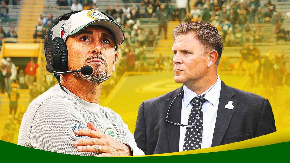 A picture of Lambeau field with an angry/upset Matt LaFleur as well as a picture of GM Brian Gutekunst