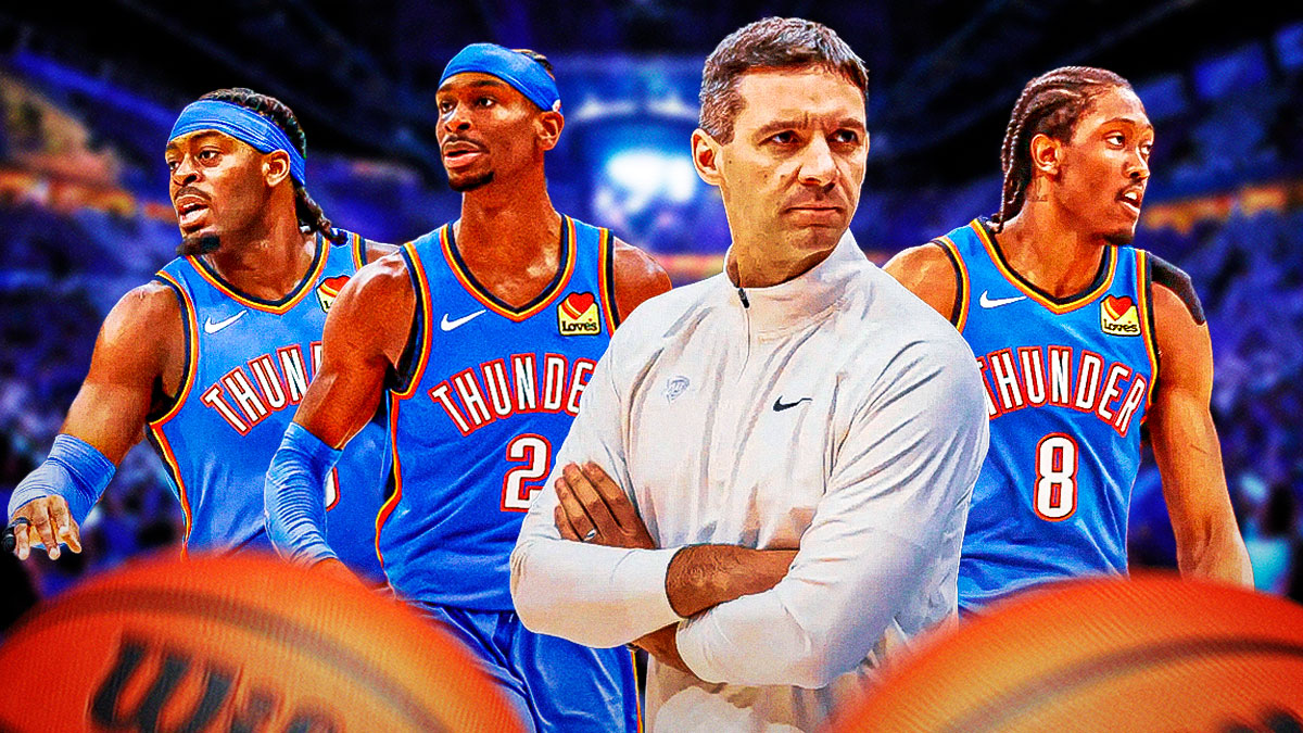 Thunder head coach Mark Daigneault in between All-Star Shai Gilgeous-Alexander, Thunder forward Jalen Williams, and Thunder guard Lu Dort