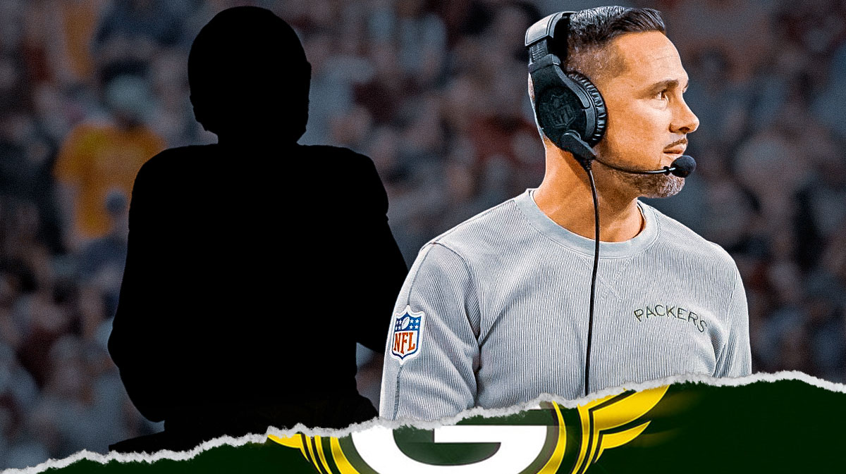 Matt LaFleur with mystery player and Packers logo