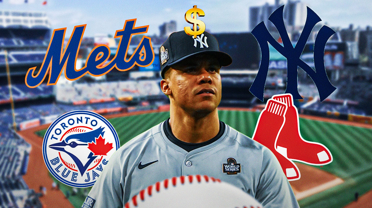 Outfielder Juan Soto with dollar signs over in his eyes in center, New York Mets and Toronto Blue Jays logos on left side, New York Yankees and Boston Red Sox logos on right side, Yankee Stadium (home stadium of the New York Yankees) in background