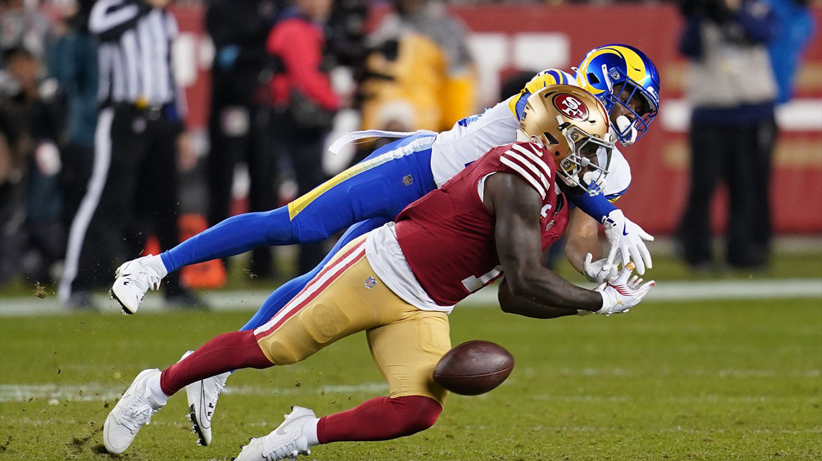 Los Angeles Rams safety Kamren Kinchens (26) breaks up a pass intended for San Francisco 49ers wide receiver Deebo Samuel Sr. (1) in the fourth quarter at Levi's Stadium.