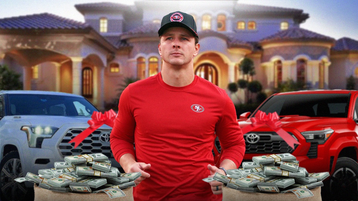 Brock Purdy with money bags around him, and a Toyota Tacoma and Toyota Sequoia with red bows on top of the cars