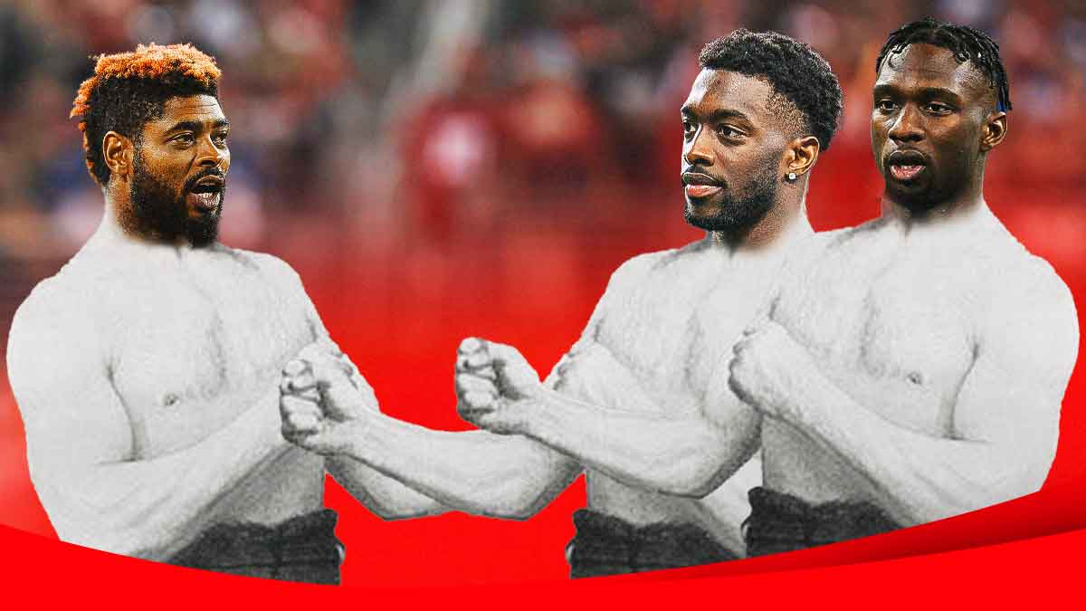 Three boxing guys, the one on the left is 49ers WR Jauan Jennings. The two on the right are Lions CB Terrion Arnold and S Kerby Joseph. Background is Levi's stadium.