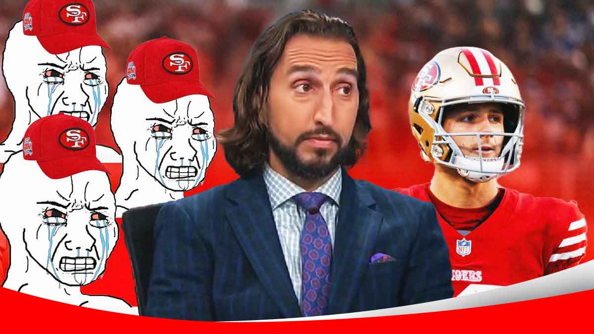 Three angry memes wearing a 49ers hat looking at Fox Sports analyst Nick Wright. Peaking over Nick Wright's shoulder is 49ers QB Brock Purdy. Background is Levi's Stadium.