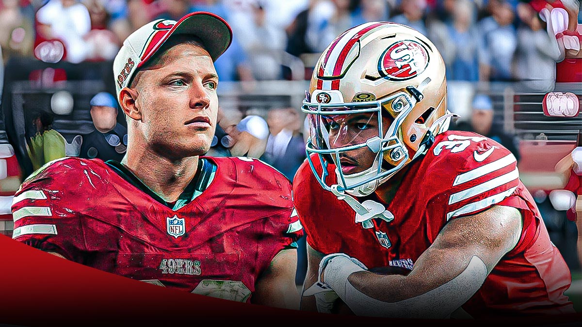 Isaac Guerendo next to Christian McCaffrey with the 49ers stadium as the background.