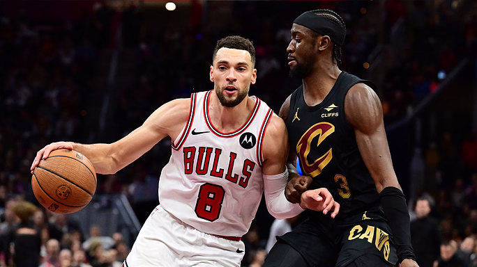 Chicago Bulls guard Zach LaVine (8) drives to the basket against Cleveland Cavaliers guard Caris LeVert (3) during the second half at Rocket Mortgage FieldHouse.