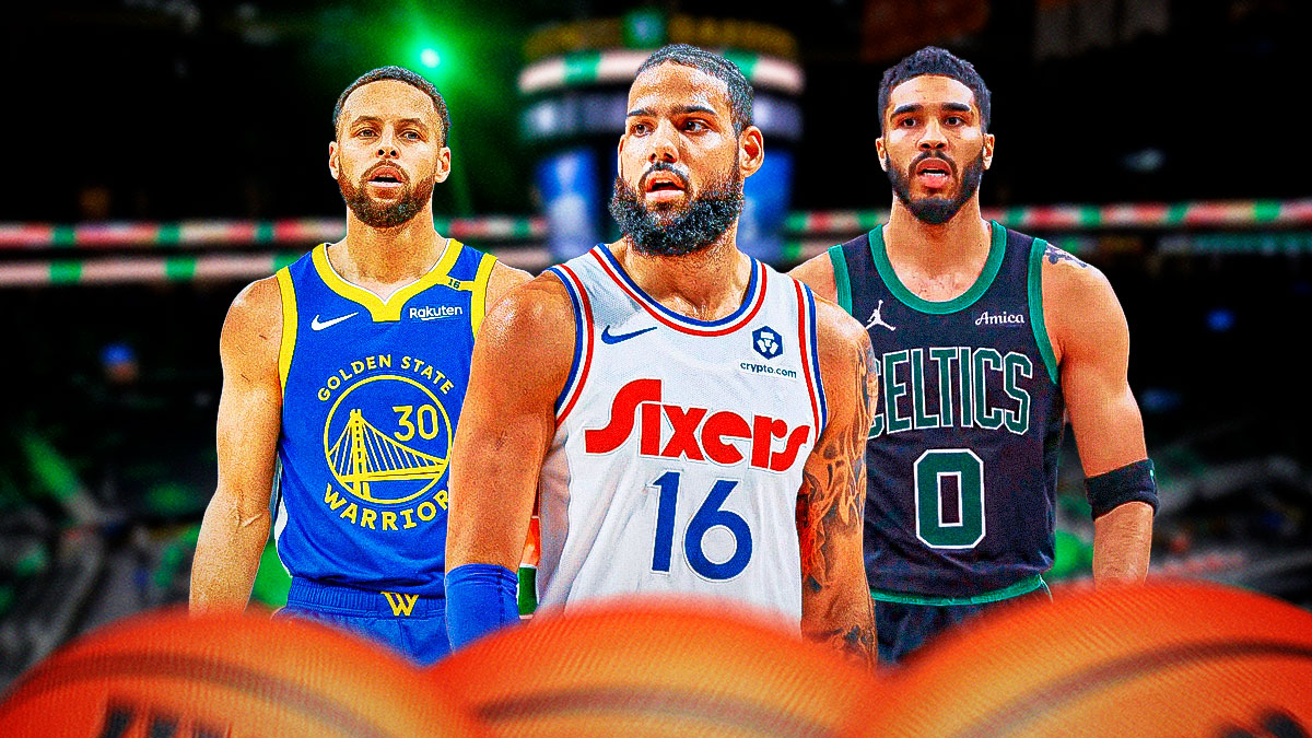 76ers forward Caleb Martin next to Celtics forward Jayson Tatum with Warriors Stephen Curry and TD Garden in the background