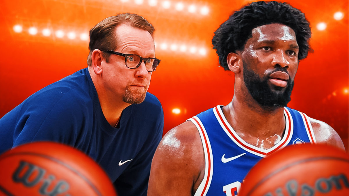Nick Nurse looking concerned and Joel Embiid looking serious.