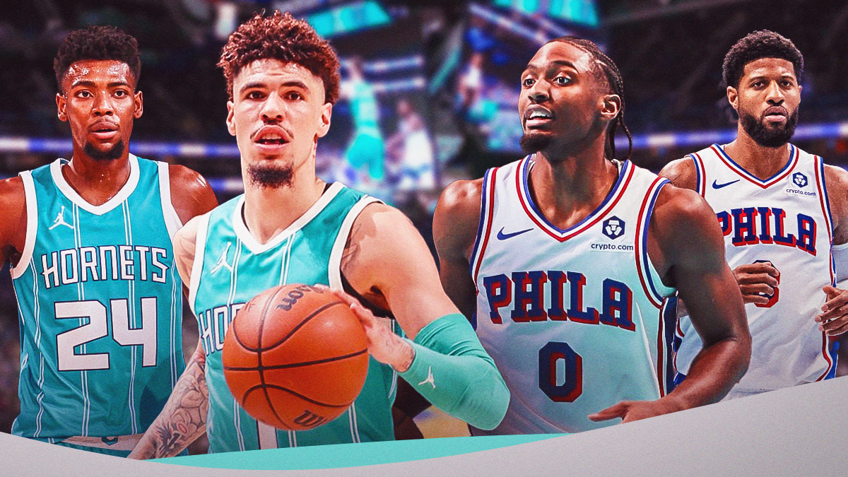 Hornets' Brandon Miller and LaMelo Ball and 76ers' Tyrese Maxey and Paul George