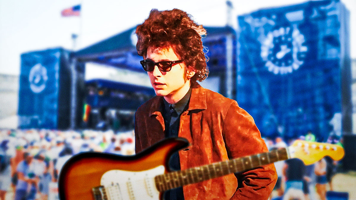 Timothée Chalamet as Bob Dylan in biopic A Complete Unknown.