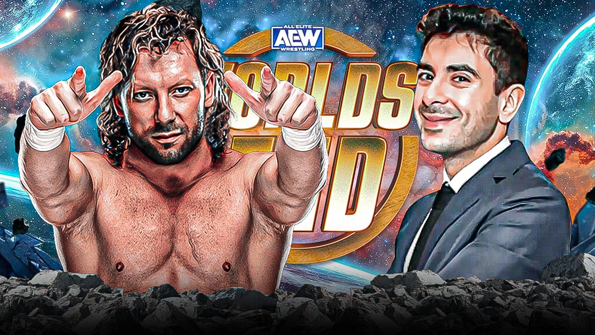 Kenny Omega and Tony Khan in front of the AEW Worlds End graphic Steps
