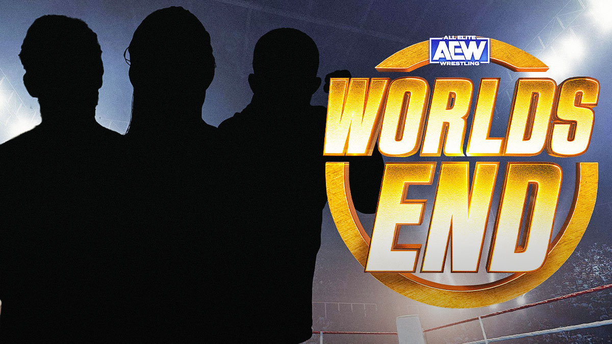 The blacked-out silhouette of Adam Cole, blacked-out silhouette of Roderick Strong, and the blacked-out silhouette of Kyle O'Reilly with the AEW Worlds End logo as the background.