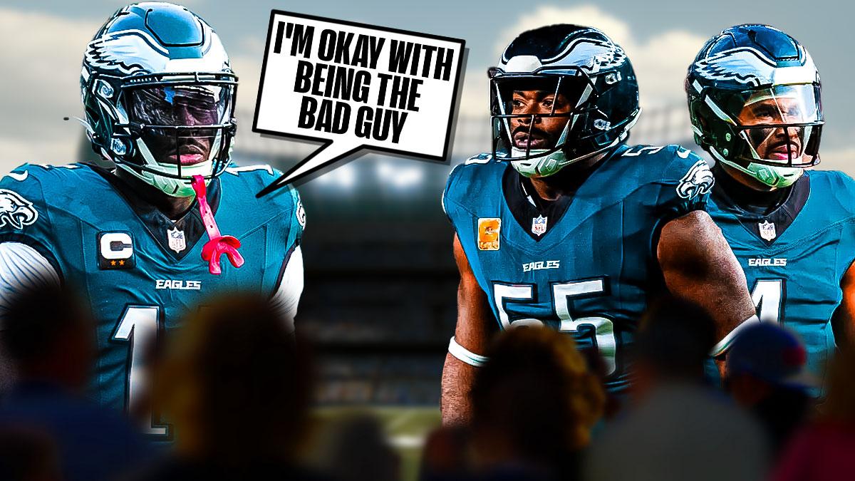 AJ Brown with a text bubble reading "I'm okay with being the bad guy" next to Jalen Hurts and Brandon Graham in front of the Eagles stadium