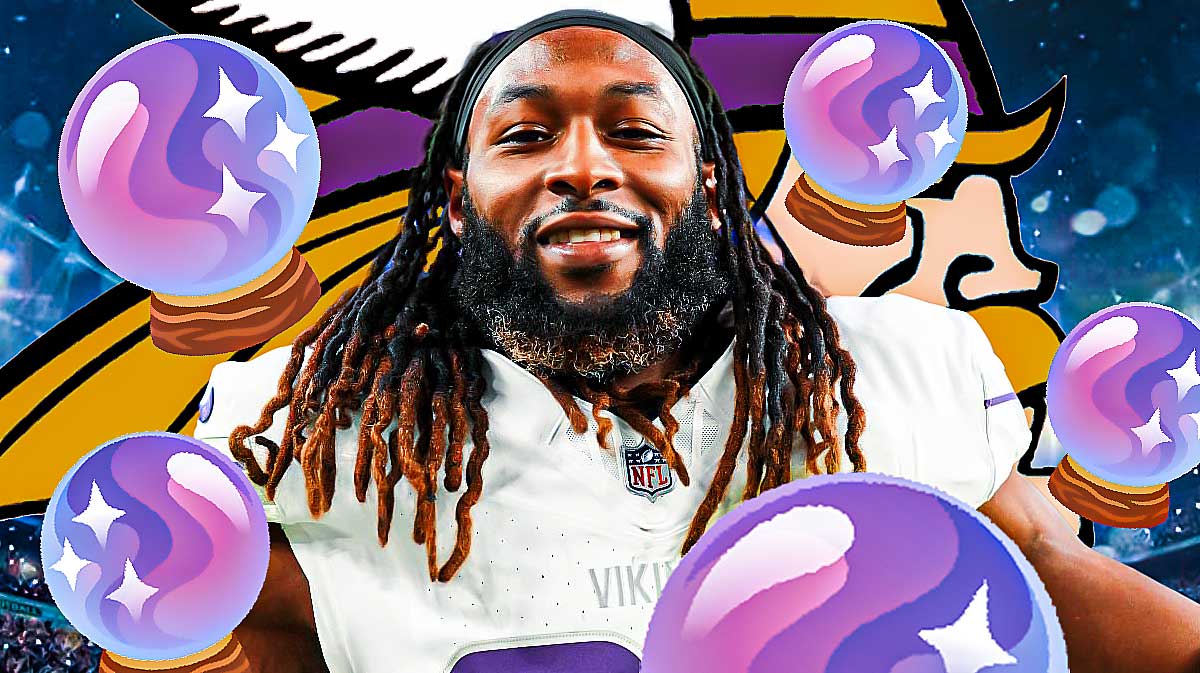 Minnesota Vikings RB Aaron Jones surrounded by crystal ball emojis (🔮). There is also a logo for the Minnesota Vikings.