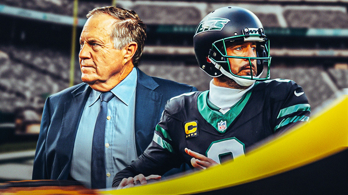 New York Jets star Aaron Rodgers and Bill Belichick in front of MetLife Stadium.