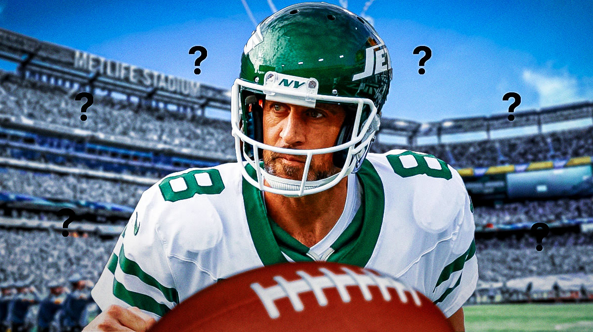 Aaron Rodgers in a Jets jersey with question marks surrounding the picture.