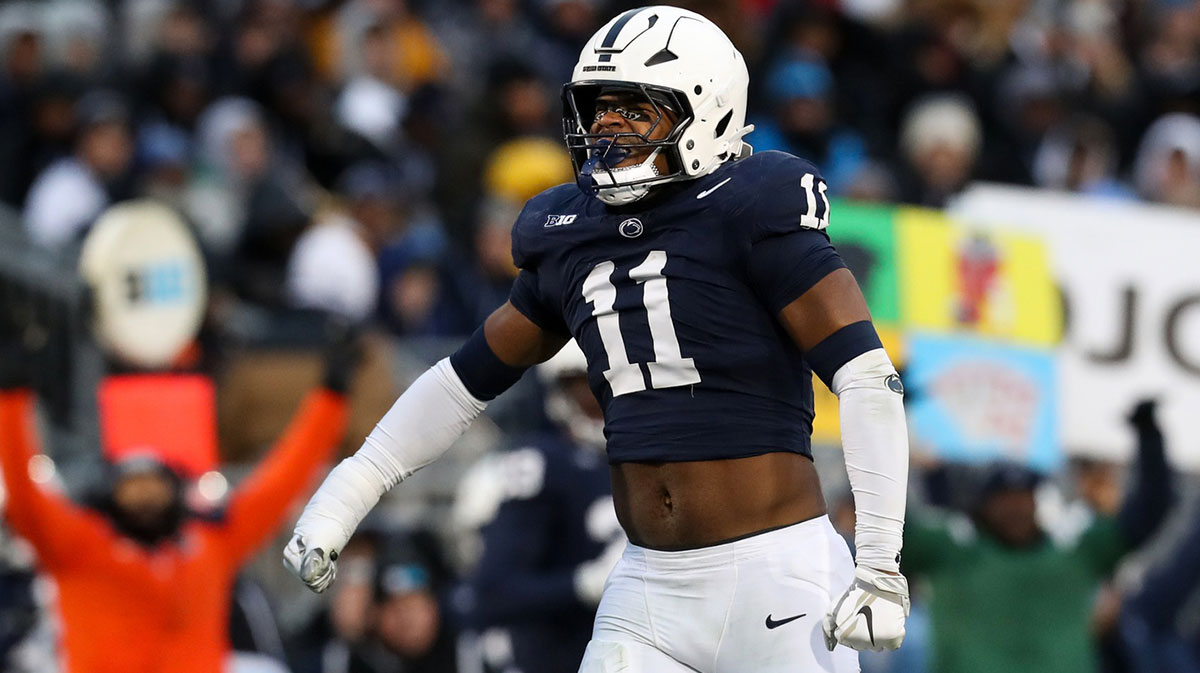 Nov 30, 2024; University Park, Pennsylvania, USA; (Editors Notes: Caption Correction) Penn State Nittany Lions defensive end Abdul Carter (11) reacts after sacking Maryland Terrapins quarterback MJ Morris (not pictured) during the first quarter at Beaver Stadium. Mandatory Credit: Matthew O'Haren-Imagn Images