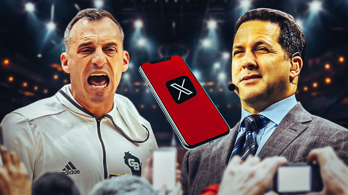 ESPN Adam Schefter and UW-Green Bay coach Doug Gottlieb facing each other and a cell phone in between them with the X/Twitter logo on it