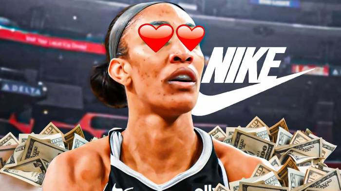 Aces center A'ja Wilson with hearts on her eyes and money bags around her, as well as the Nike logo next to her