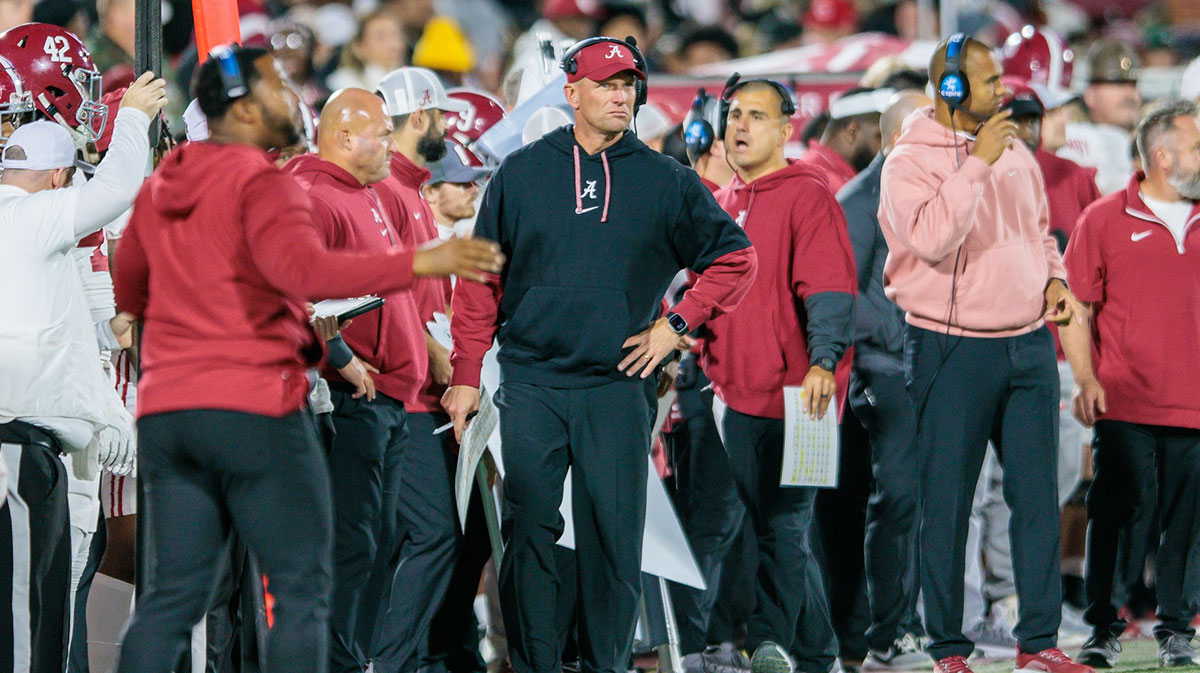 Alabama Crimson Tide coach Kalen DeBoer on the side lines during the third quarter against the Oklahoma Sooners at Gaylord Family-Oklahoma Memorial Stadium.