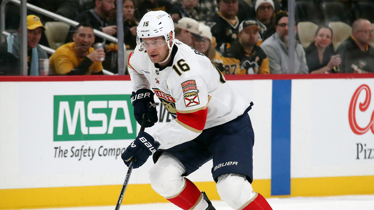 Florida Panthers center Aleksander Barkov (16) moves the puck up ice against the Pittsburgh Penguins during the second period at PPG Paints Arena.