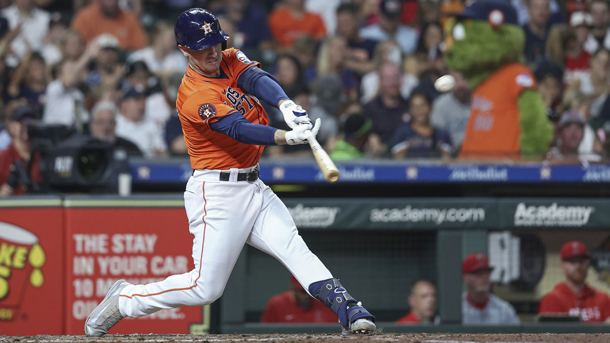 Houston Astros third baseman Alex Bregman (2) hits a home run during the third inning against the Los Angeles Angels at Minute Maid Park.
