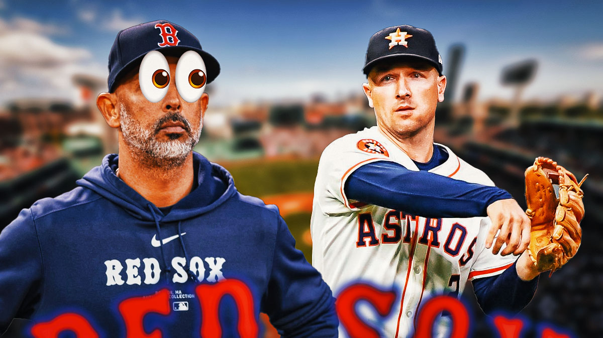 Photo: Alex Cora with peeping eyes in Red Sox jersey looking at Alex Bregman in action in Astros jersey, Fenway Park as background