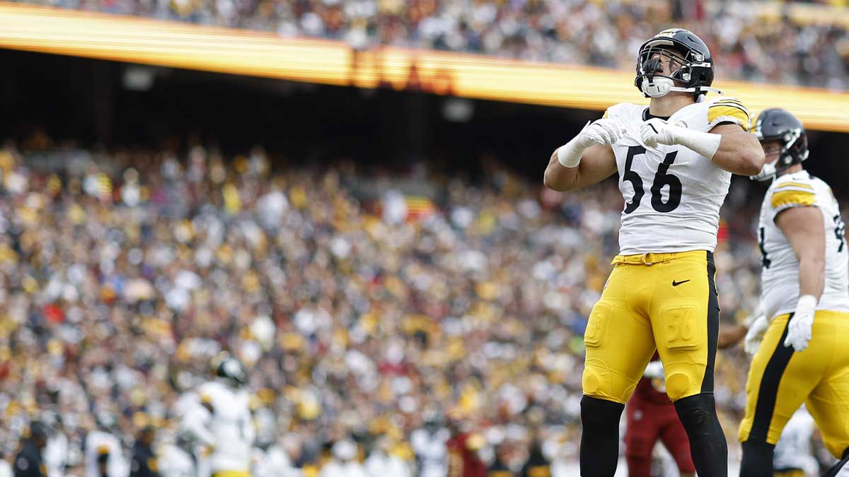Pittsburgh Steelers linebacker Alex Highsmith (56) celebrates after a sack against the Washington Commanders during the first half at Northwest Stadium.