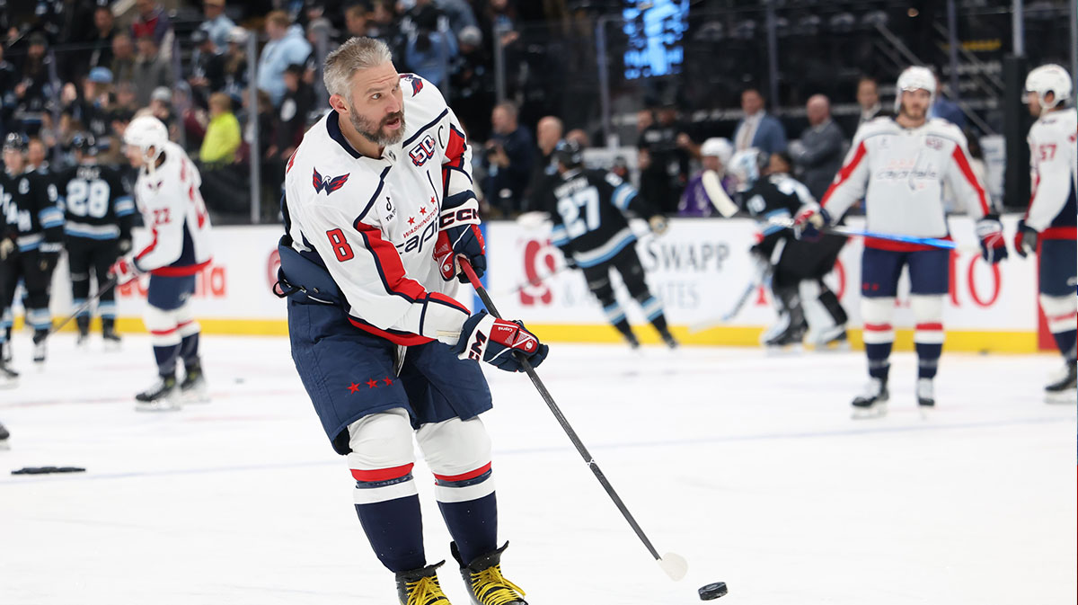 Washington Capitals left wing Alex Ovechkin (8) warms up before the game against the Utah Hockey Club at the Delta Center.